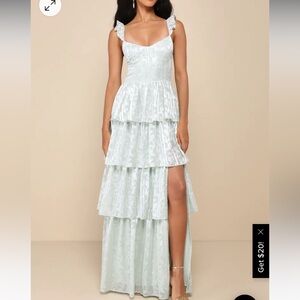 Lulus Stunning Glory Sage Green Floral Jacquard Tiered Maxi Dress